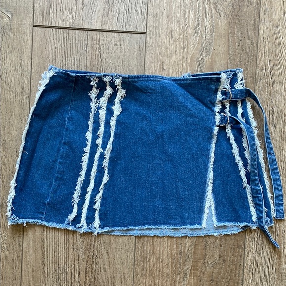 Dolls Kill Dresses & Skirts - Dolls Kill Elsie Fred Distressed Denim Wrap Mini Skirt w Adjustable Buckles